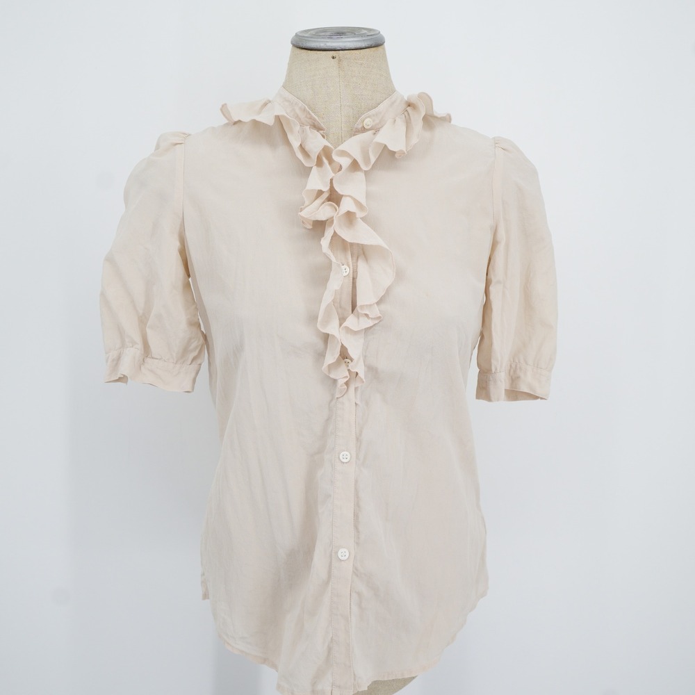 Theory Ruffle Jabot Blouse Women S Pink Silk Blend Short Puff Sleeve Victorian